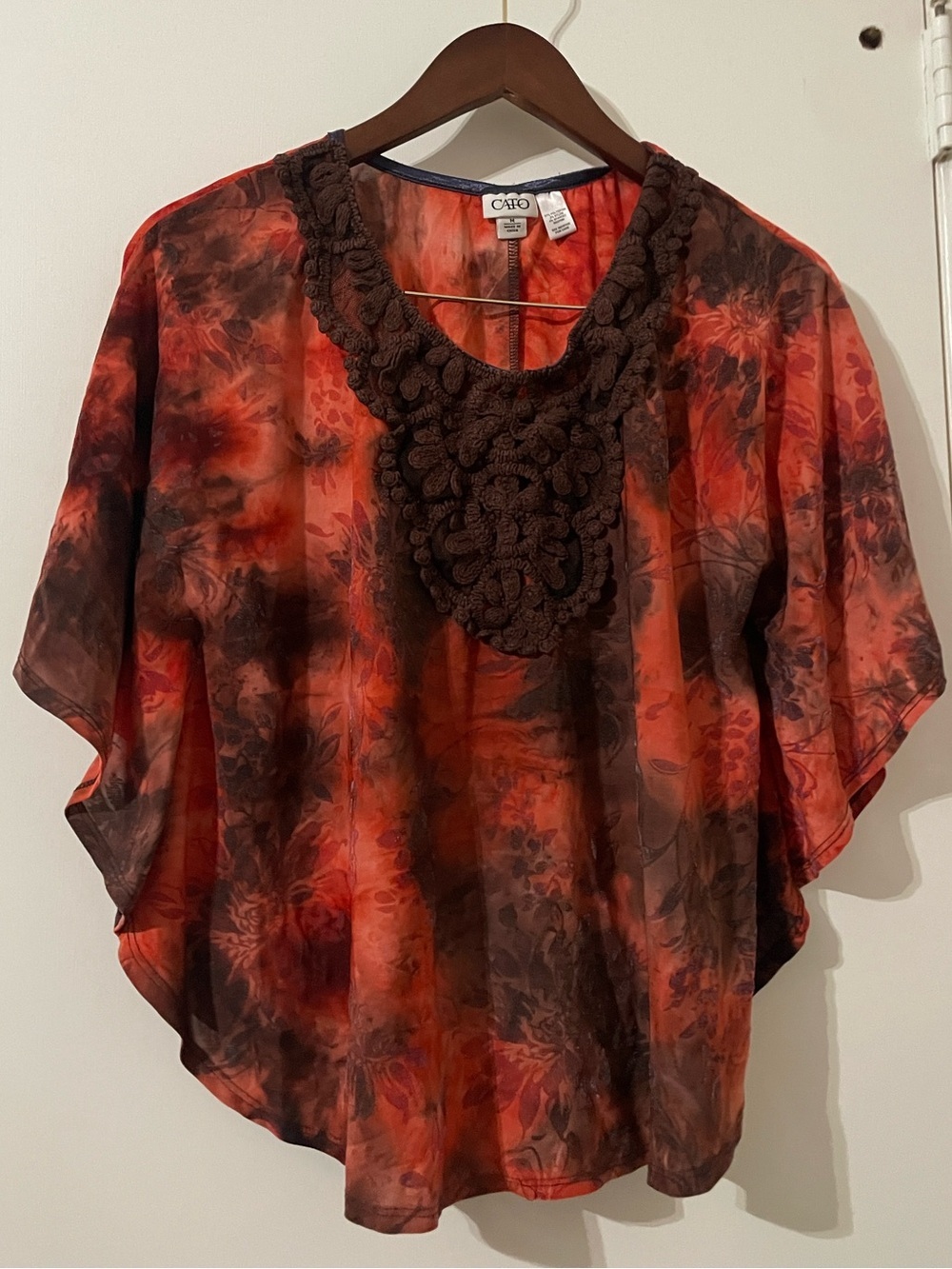 Cato Orange Brown Floral Tie Dye Poncho Blouse Top Crochet Neck Medium